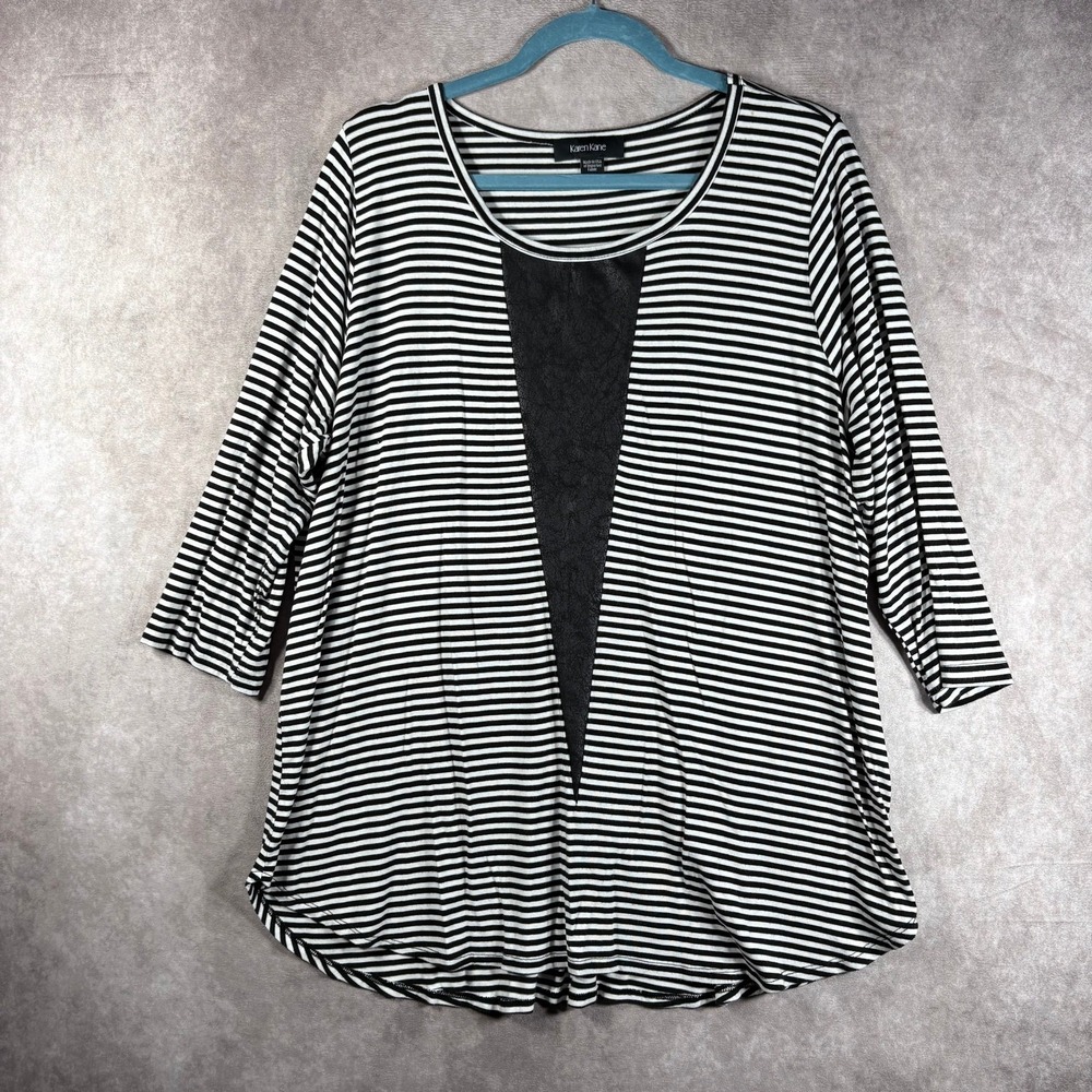 Karen Kane Shirt Top Womens Size 2X White Black Striped Tunic Long Sleeve Casual